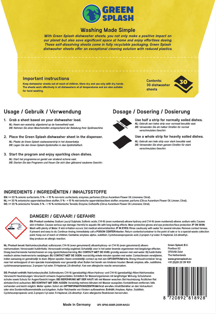 Green Splash vaat wasstrips. Achterkant verpakking